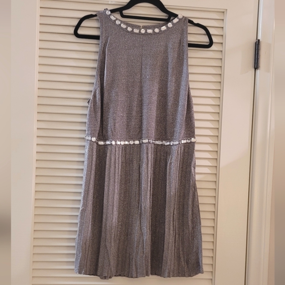 Ashley Stewart- (Plus-Size) Silver Beaded Metallic Sleeveless Dress W Keyhole